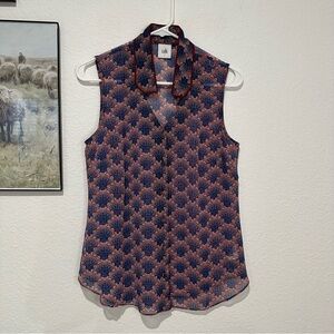 Cabi Women's 362 Blue Red Moroccan Fan Print Sleeveless Button Up Tank Blouse